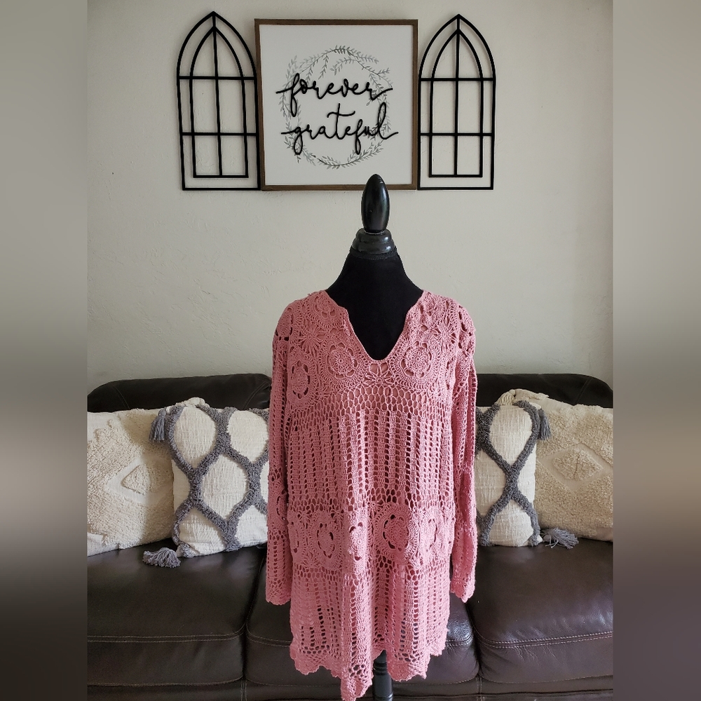 Vintage 90's Dusty Rose Mauve Pink Crochet Long Sleeve Sweater Size 1X Boho Chic